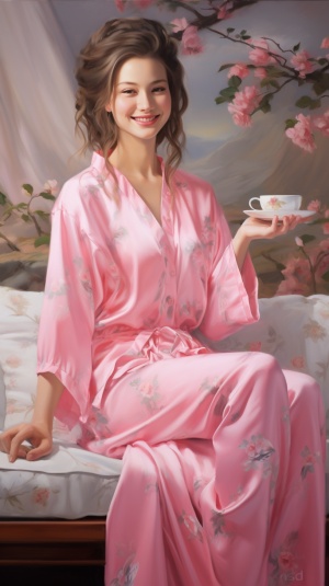 穿着粉色的睡衣的女孩，微笑着坐在沙发上，雪白的脸上，水水嫩嫩的，
