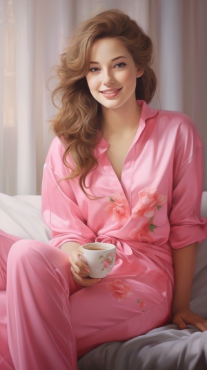 穿着粉色的睡衣的女孩，微笑着坐在沙发上，雪白的脸上，水水嫩嫩的，深情的望着你！