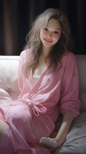 穿粉色睡衣的女孩微笑坐在沙发上眼神深情