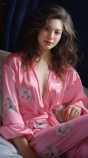 穿粉色睡衣的女孩微笑坐在沙发上眼神深情
