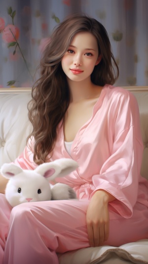 穿着粉色的睡衣的女孩，微笑着坐在沙发上，雪白的脸上，水水嫩嫩的，深情的望着你！