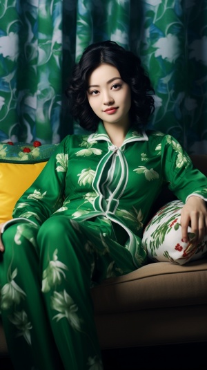 穿着绿色的睡衣的女孩，微笑着坐在沙发上，雪白的脸上，水水嫩嫩的，深情的望着你！