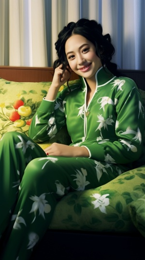 微笑着的穿绿色睡衣女孩，深情注视