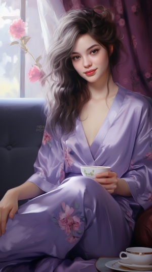 紫色睡衣女孩微笑坐沙发，水嫩脸底下深情凝视