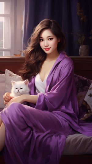 紫色睡衣女孩微笑坐沙发，水嫩脸底下深情凝视