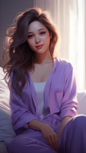 穿着紫色的睡衣的女孩，微笑着坐在沙发上，雪白的脸上，水水嫩嫩的，深情的望着你！