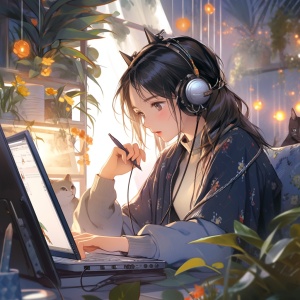 Charming Anime Style Illustration of Female with Laptop