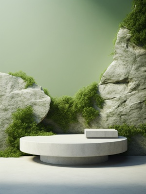 the,stone,plateau,is,in,the,middle,of,a,green,wall,,in,the,style,of,rendered,in,cinema4d,,meticulous,photorealistic,still,lifes,,soft,and,dreamyatmosphere,,sony,fe,24-70mm,f2.8,gm,,industrial,and,product,design,,tondo,,nature-inspired,camouflage,ar,3:4,v,5.2