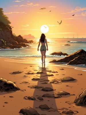 阳光明媚少女漫画沙滩脚印的科幻大片