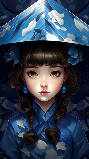 漂亮的小姐姐戴着东方帽子，水汪汪的大眼睛，采用了艺术风格的几何元素，深蓝色和白色，21世纪风格