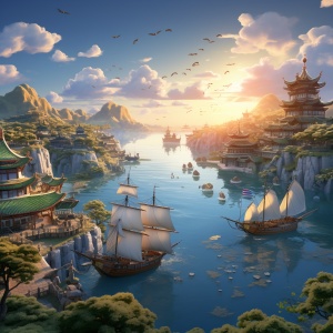Disneyanimated,gigantic,scale,,an,expansiveview,of,Korea,sea,port,,mysterious,and,layers,,animehouse,concept,art,,whimsical,illustrations,,raytracing,,golden,light,,ambient,sense,lighting,,in,the,style,of,realistic,and,hyper-detailedrenderings,,8K,super,detailed,ar,3:4,S,750niji,5