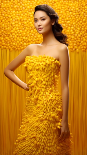 玉米粒连衣裙模特展示：漂亮女人在明亮背景下展现细节