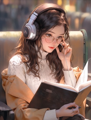 图书馆美女戴耳机阅读英语书