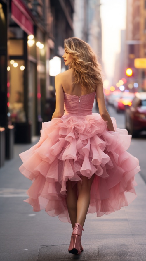 “Movie,stil”—2023,fashion,an,american,woman,is,walking,down,the,street,in,a,short,Pink,puffy,dress,,in,the,style,of,movie,still,,ar4:5,q,2,-s,750,v,5