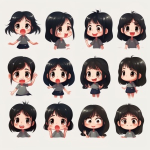 Cute little girl with black hair, happy face, wearing a t-shirt, emoticon bag, 9 emoticons, emoticon Symbol table, anthropomorphic style, different emotions, multiple poses and expressions
