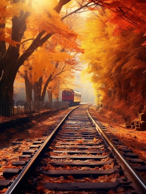 秋叶环绕，火车轨道的绚丽多彩