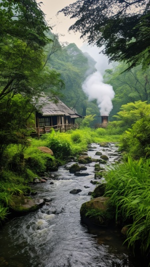乡村茅草屋与清澈小溪，远景烟雨中的浪漫爱情