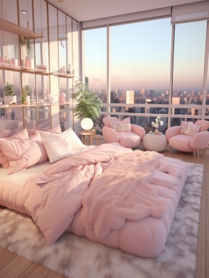 市中心大平层的卧室。风格奢华，时尚，以粉色为主。下雨天。要非常细节。