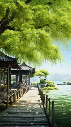 江南杭州西湖，春景，柳树，湖中冥想亭，弯弯曲曲的长桥，就像南方这个季节的绿色，是一种嫩绿的超高清画面，8K，超广角，超高清，超细节，cg渲染
