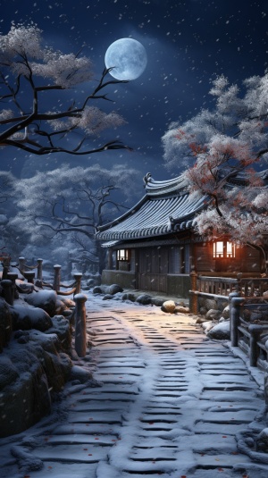 超现实的中国古代CG效果图，一条小路，路边的老房子，夜晚的枫树和乳白色的白叶，冬天，雪景，天空中的月亮，高清.16K高清,，