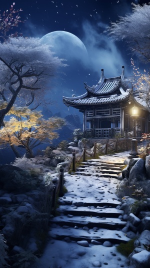 超现实中国古代冬夜景：乳白叶下的16K高清