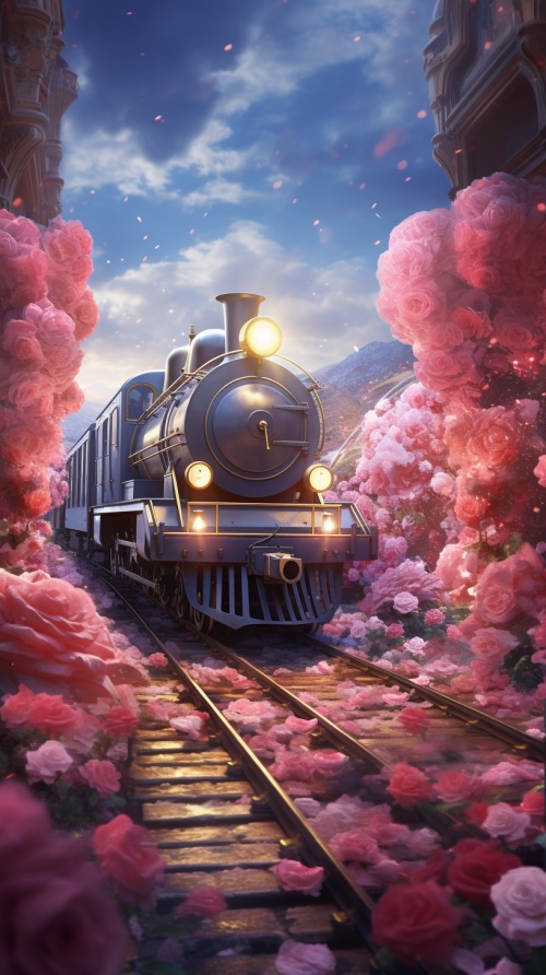 A,beautiful,picture,depicts,a,train,surrounded,by,pink,roses.,Lighting,effects,,lots,of,roses,on,top,of,the,train,,paintings,by,Hayao,Miyazaki,,fashion,art,station,,CG,rendering,,8K,HD,,beautiful,wonderland,,3D,effects,,aesthetic,illustration,,aesthetic,film,effects,,clouds,of,love,shapes,floating,in,the,sky,,pink,crystal,light,AUV,4k,detailed,post,processing,artstation,rendering,byoctane,unreal,engine,quality