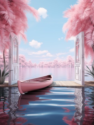 Elaine,Forbes,pink,lake，,pink,boat，pink,lake,,rendered,in,the,movie,style,4d,,tropical,baroque,,detailed,world,construction,,dreamy,devices,dreamy,illustrations,,light,blue,and,white,,ar,3:4