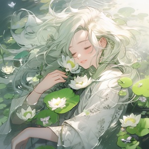 银绿色头发的少女在水中开满莲花和白色花朵