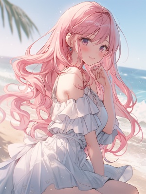 可爱女孩沙滩上微笑，长粉色头发与蓝色的海相映