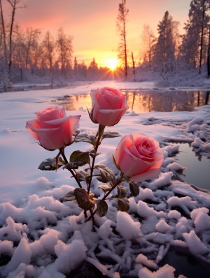 雪地中的粉色玫瑰花与夕阳交相辉映