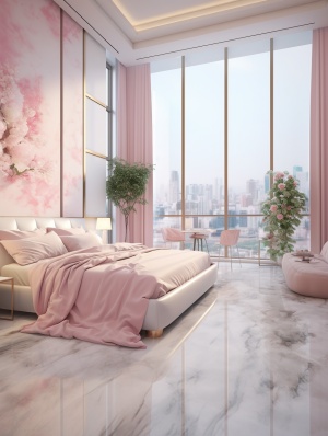 市中心大平层卧室的奢华时尚粉色细节