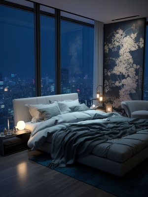 奢华时尚，细节丰富的蓝色大平层卧室