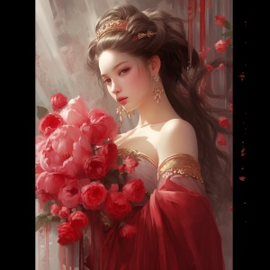 古代女子，一身枚红色的纱衣，层层叠叠，宛若一朵绽放的牡丹，萦绕着诱人的香气。站着婚堂里
