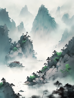 中国山水画中的碧绿长江
