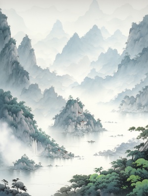 长江山峰，碧绿水流，中国山水画与超高清插画风景
