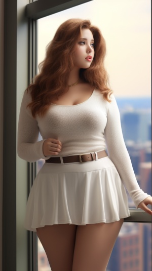 可爱又肥胖的美女，穿着一件白色镂空白毛衣，卡其色A字裙，站在窗户旁，全景，超高清，超分辨率，大师杰作，
