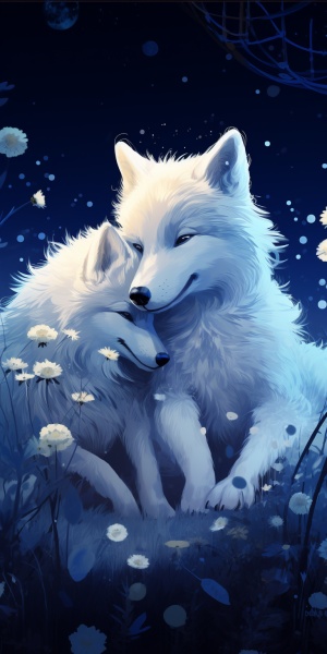 场景梦幻美丽，静谧安静的夜晚，月圆之夜，一只小灰狼在亲吻一只小白兔，它们彼此相互依偎在一起，温馨美满，画面好看。