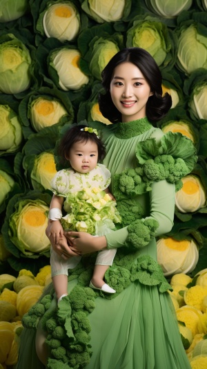 At,the,cabbage,fashion,show,in,the,field,,a,pair,of,beautiful,and,exquisite,Chinese,mothers,who,look,exactly,like,Zhao,Liying,held,their,1-year-old,daughter,in,a,dress,made,of,cabbage.,The,mother,held,her,daughter.,The,cabbage,dress,was,exquisite,and,elegant,,with,a,green,,healthy,and,realistic,atmosphere.,The,beautiful,mother,and,daughter,are,perfectly,combined,with,cabbage,to,create,the,main,scene,,providing,surprising,cabbage,details,and,a,visual,feast.,The,background,is,the,sky,,distant,moun