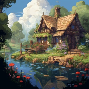 童话小屋与风景花草河边