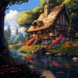 童话小屋与风景花草河边