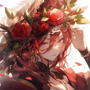 红色头发的女孩，手中抱着玫瑰花，玫瑰花头饰