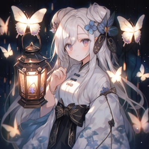 在一个有灯笼的夜晚,，古风，白色头发,，白色蝴蝶