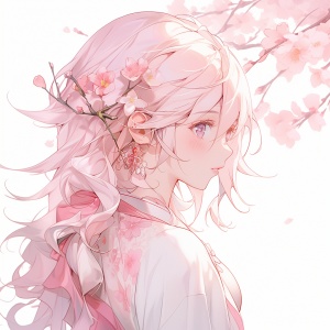 一个女孩,头发是粉色的,桃花