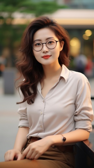 中式肥胖美女，年龄35岁，穿着紧身衣、丰满好身材、成熟有韵味，户外、写实、戴眼镜、