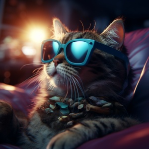 一张小猫戴着墨镜看电影的封面照片，正面照