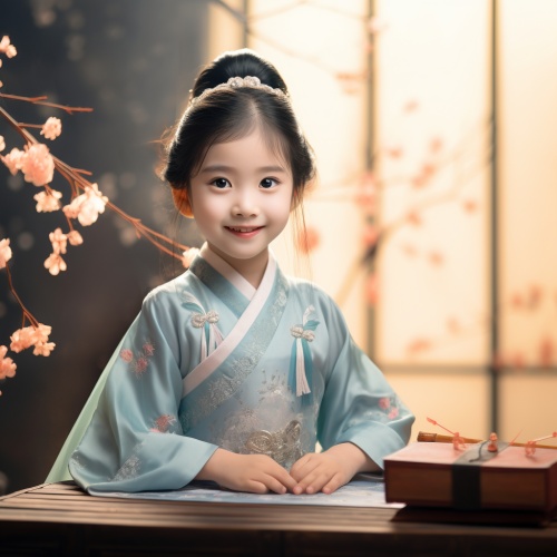A,five,year,old,Chinese,girl,wearing,a,light,blue,Hanfu,,very,cute,,with,a,cute,and,beautiful,round,face.,She,sits,in,front,of,a,desk,and,looks,up,at,the,sky,,confident,,charming,,antique,,CG,rendered,cg,rendering