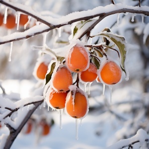 冰雪覆盖下的熟透柿子