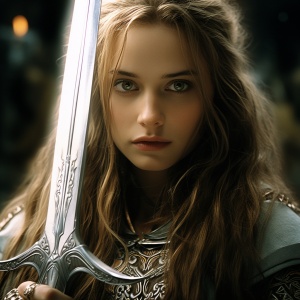 2003年奇幻冒险电影《指环王》中景拍摄长发女孩挥剑