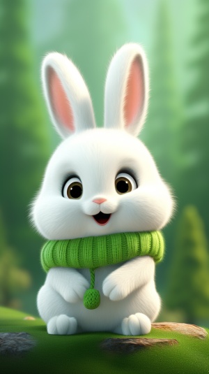 Super Cute Little Bunny in Fluffy Tail and White Sweater in Green Hat