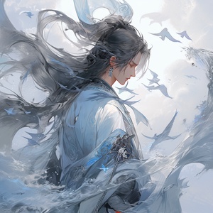 Ethereal,and,agile,Chinese,young,malecultivator:3,with,fair,skin,,long,hair,flowing,down,to,his,waist,tied,in,a,bundled,yet,flowing,manner,,dressed,in,a,deep,blue,ancient,attire,,with,a,short,flute,hanging,from,his,waist.:2.,Holding,a,dazzling,long,sword,enveloped,in,flames,,his,eyes,filled,with,determination,and,confidence,,with,a,focused,and,resolute,facial,expression:3.He,stands,atop,a,mountain,,his,entire,body,enveloped,in,red,flames::2.,The,mood,is,lofty,and,detached,,as,if,isolated,fr